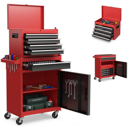 Aukfa Tool Box, 2-in-1 Rolling Tool Chest & Cabinet on Wheels for Garage Workshop, 5-Drawer, Red& Black