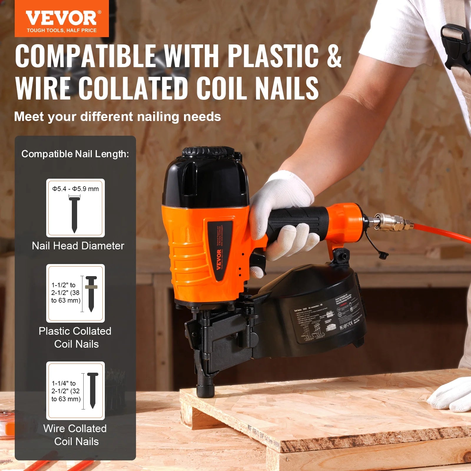 VEVOR Coil Siding Nailer CN65, 1-1/4" to 2-1/2" 15 Degree Pneumatic Siding Nail Gun with Tool-Less Depth Adjustment, 70-120PSI Air Coil Nailer for Siding, Pallet Sheathing, Wooding, Fencing