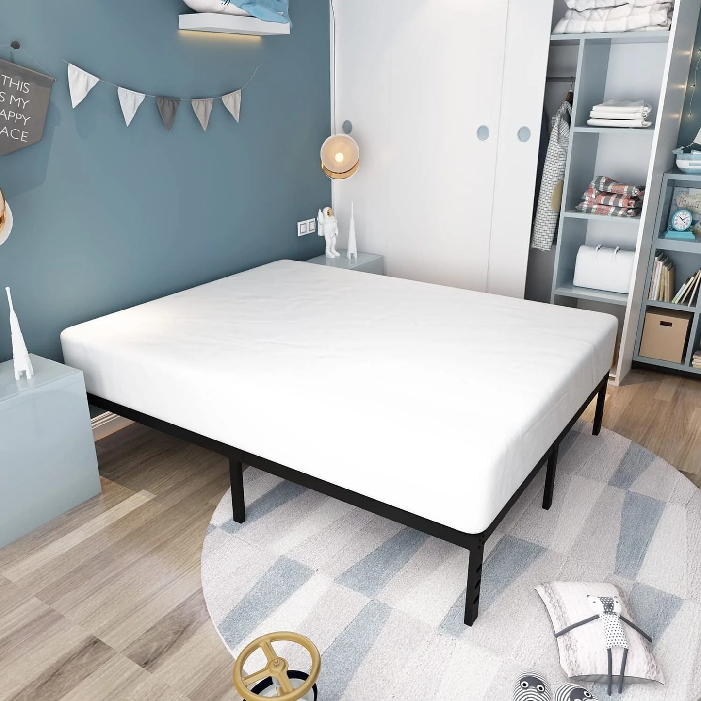 OmiNight 18 inches Tall Heavy Duty Steel Slat Queen Size Metal Bed Frame,Noiseless,No Box Spring Needed,Easy Set up,Non-Slip Support,Adequate Under-bed Storage, Metal Platform Bed for Adults