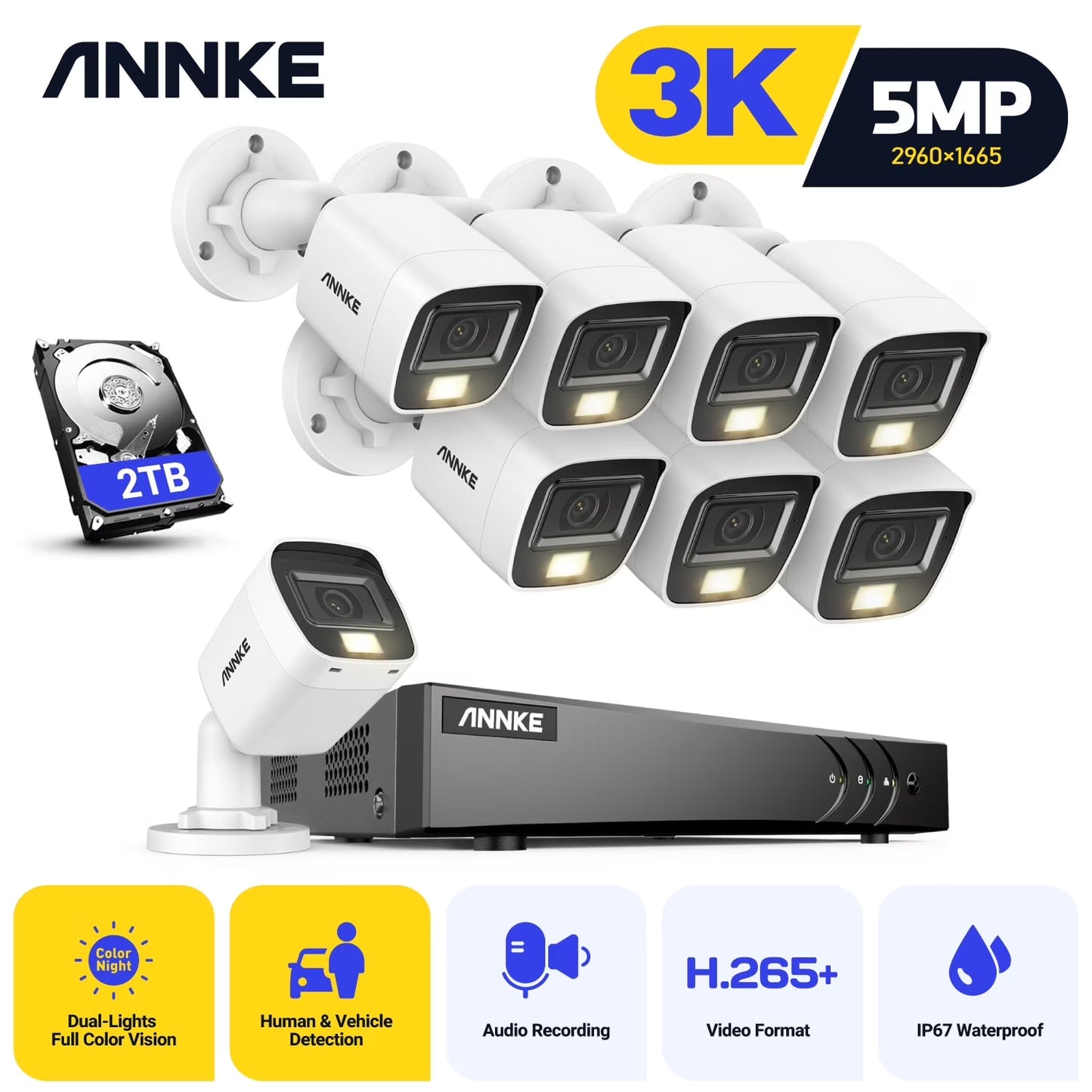 ANNKE 8CH 3K Security Camera System with Audio/Mic, 3K AI DVR and 8x5MP CCTV Camera with Dual Light, Human/Vehicle Detection, IP67, Color Night Vision, NO HDD, Surveillance System Kit