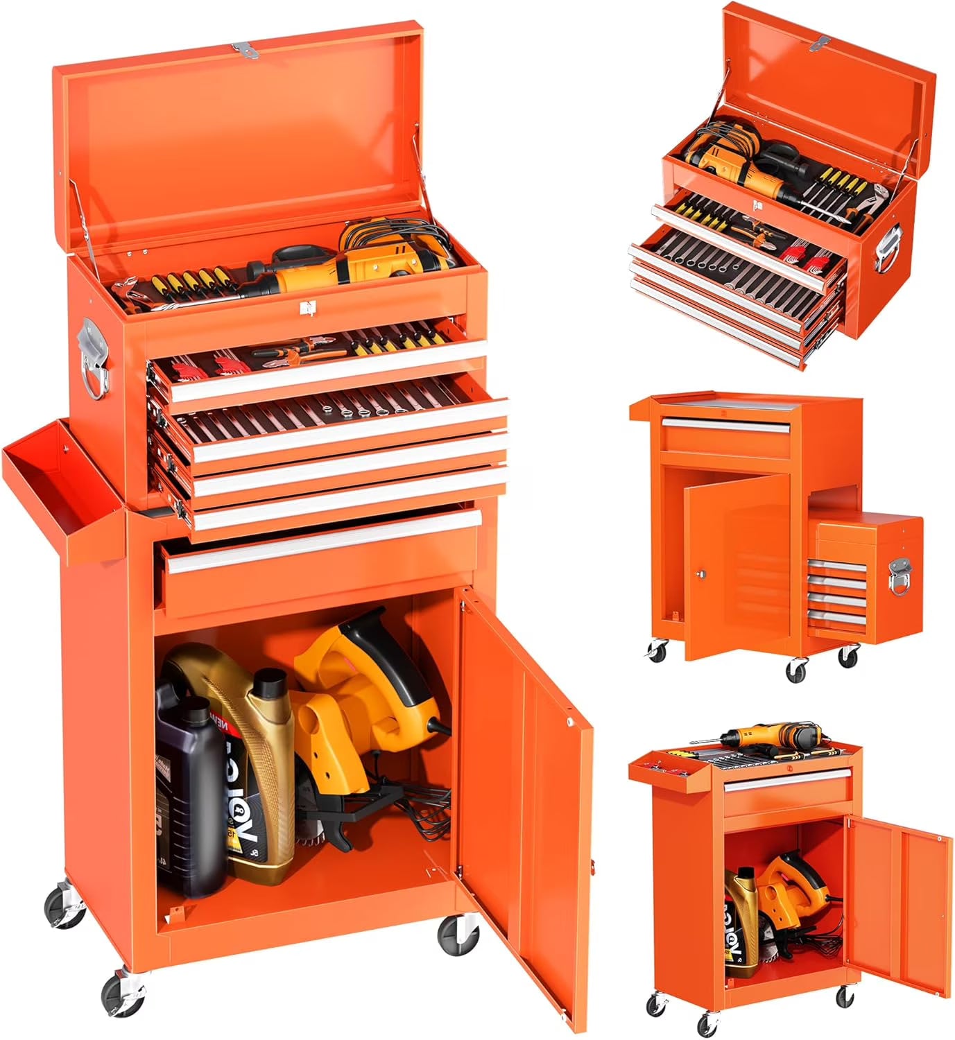 SUNCROWN 2-IN-1 Tool Chest, 8-Drawer Rolling Tool Chest with Hooks and Lockable Wheels,Metal Storage Detachable Top Tool Box with Lockable Wheels for Garage, Workshop, Art Studio(Black)