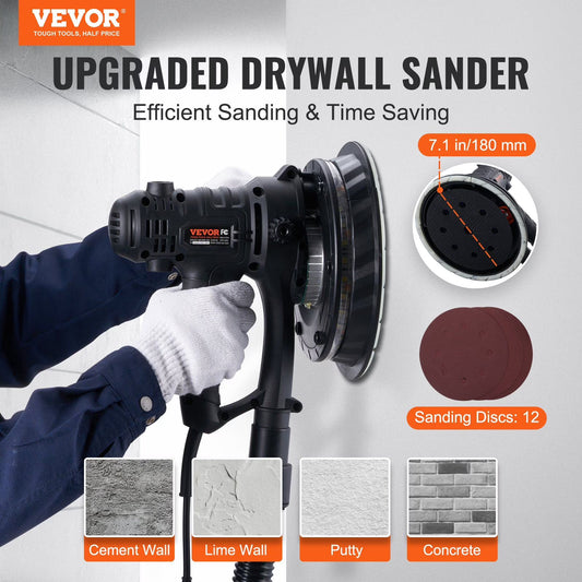 Variable Speed Drywall Sander 800W, Auto Dust Vacuum, 1200-2300 RPM Brush Motor, Ergonomic Drywall Tool for Smooth Finishing