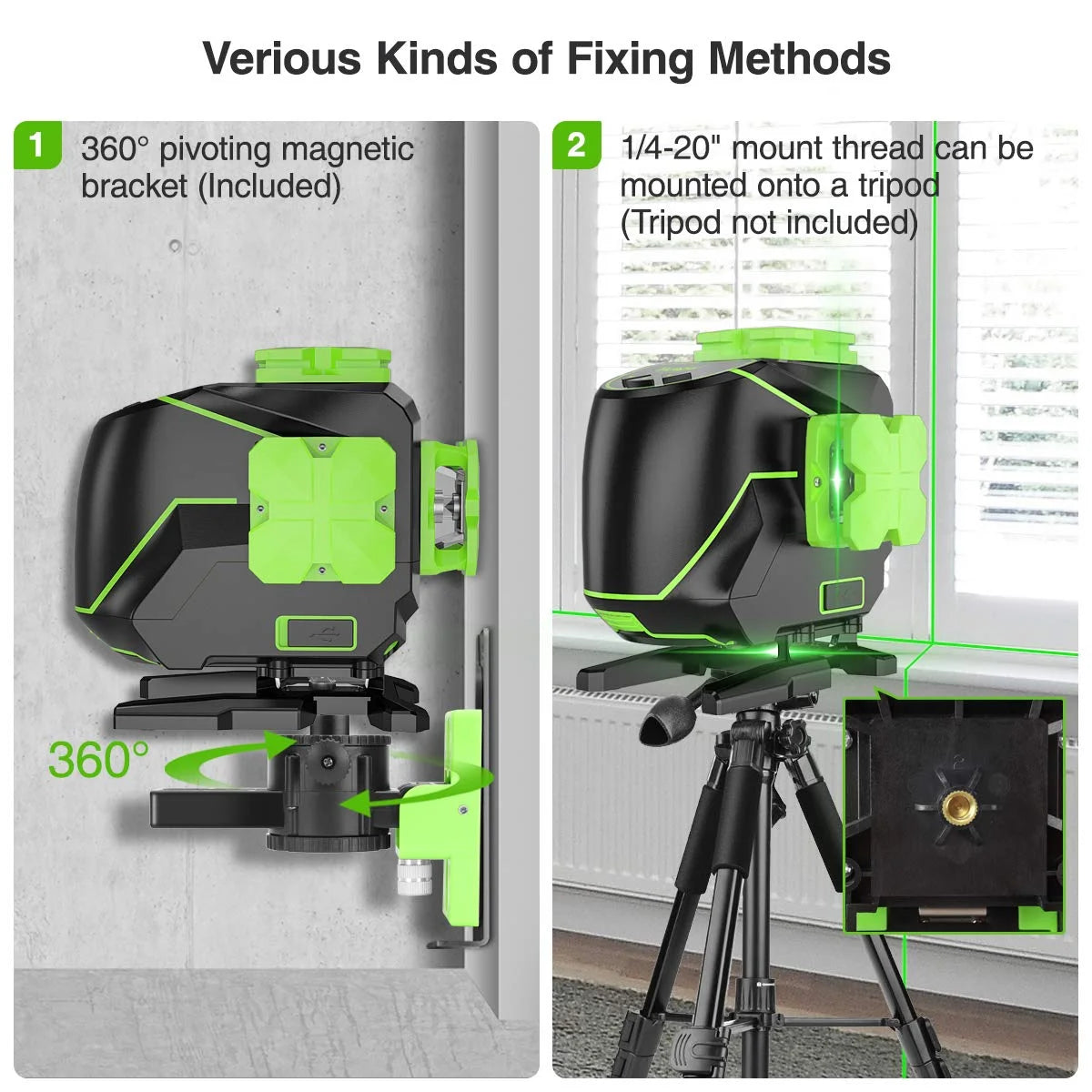 Huepar 3 x 360 Degree Cross Line Laser Level 3D Self-leveling Tiling Floor Green Beam Laser Leveler Tools with Li-ion Battery & Pivoting Base S03DG-L