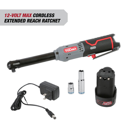 Hyper Tough 99323 12-Volt Cordless Extended Ratchet Wrench, 4 Ah Battery, 210 RPM, Variable Speed