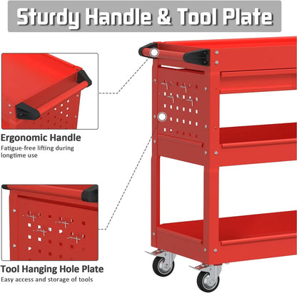 Odaof 3 Tier Rolling Tool Cart,Tool Chest and Tool Organizer with Wheels and Drawer,330 lbs Capacity Utility Cart for Garage Warehouse(Red)