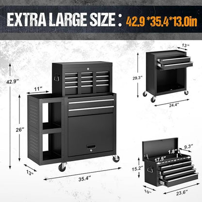 Gewna 5 Drawers Rolling Garage Tool Chest with Locking System,Metal Storage Cart with Side Cabinet,Protective Liner & Tool Rack for Garage Workshop