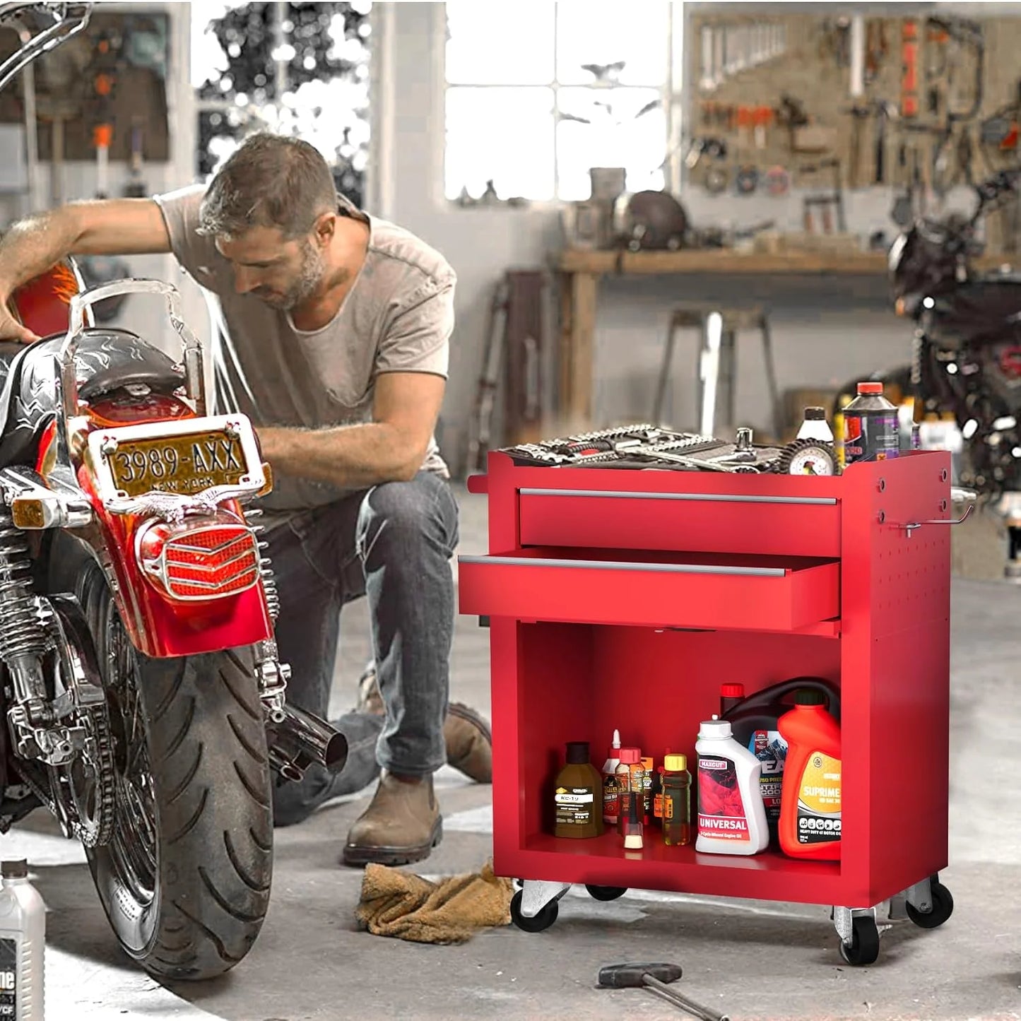 8-Drawer Rolling Tool Chest, 2-in-1 Tool Box with Wheels Metal Tool Chest Cabinet for Garage, Workshop, Red