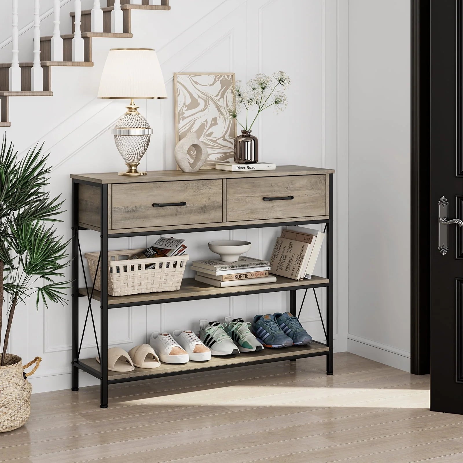 Homfa Console Table with Drawers, Rustic Hallway Table with Storage Shelves, Narrow Sofa Entryway Table for Living Room, Wash Gray