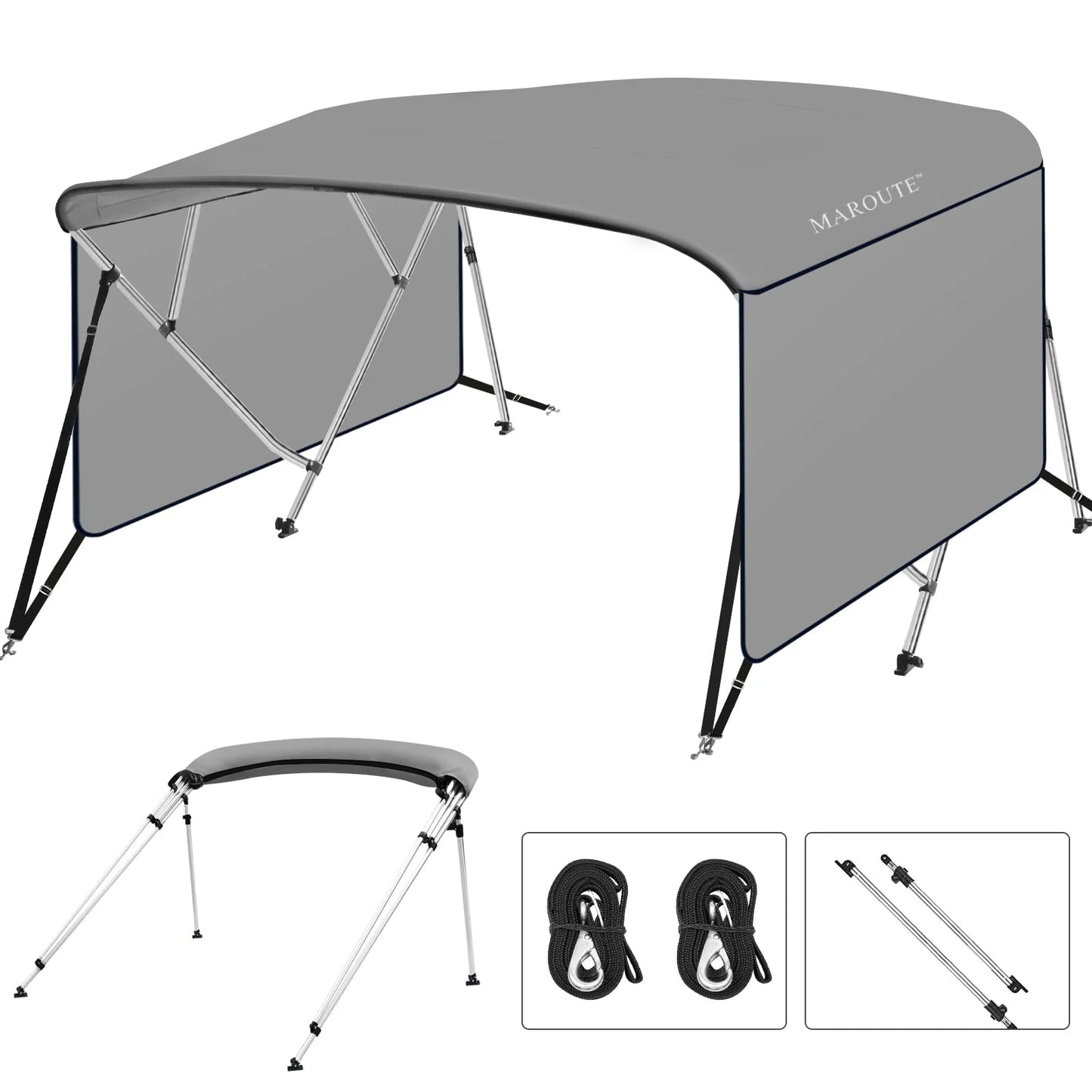 4 Bow Top Boat Cover with Aluminum Alloy Frame, Include Straps & Adjustable Rear Support Pole, Zippered Storage Boot, PU Coating Canvas Gray 8'L x 54" H x 73"-78" W
