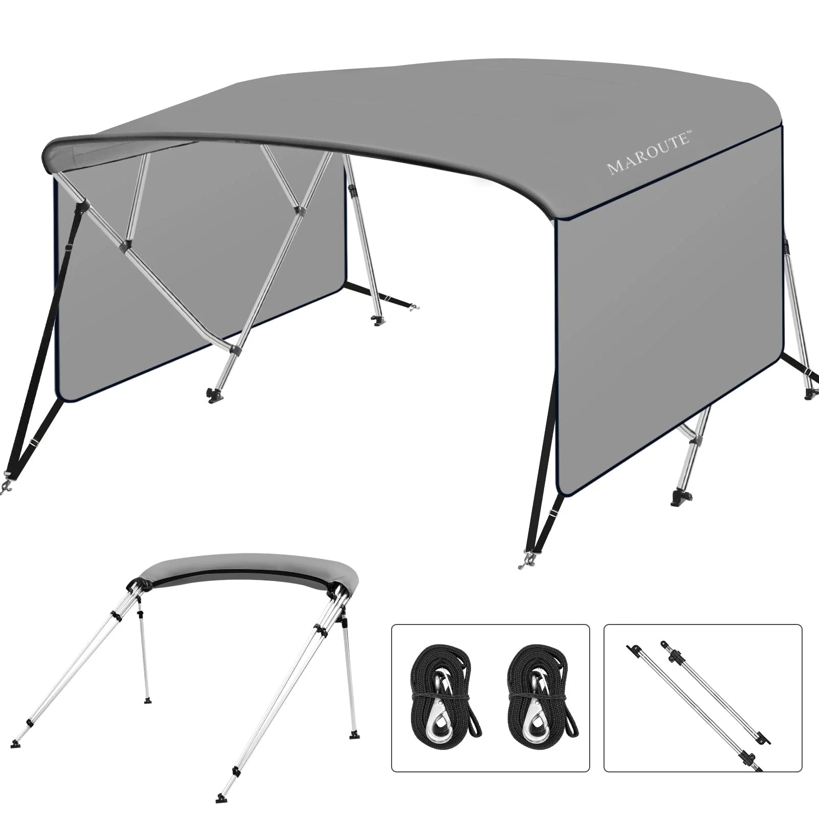 4 Bow Top Boat Cover with Aluminum Alloy Frame, Include Straps & Adjustable Rear Support Pole, Zippered Storage Boot, PU Coating Canvas Gray 8'L x 54" H x 73"-78" W