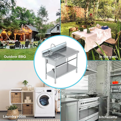 Stainless Steel Utility Sink kitchen Sink Free Standing Single Plumbing Workbench Storage Commercial Sink