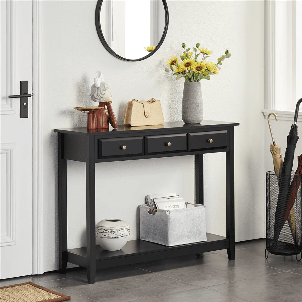 Topeakmart 3-Drawer Wooden Console Table Entryway Table with Storage Shelf Pine Wood Legs, Black
