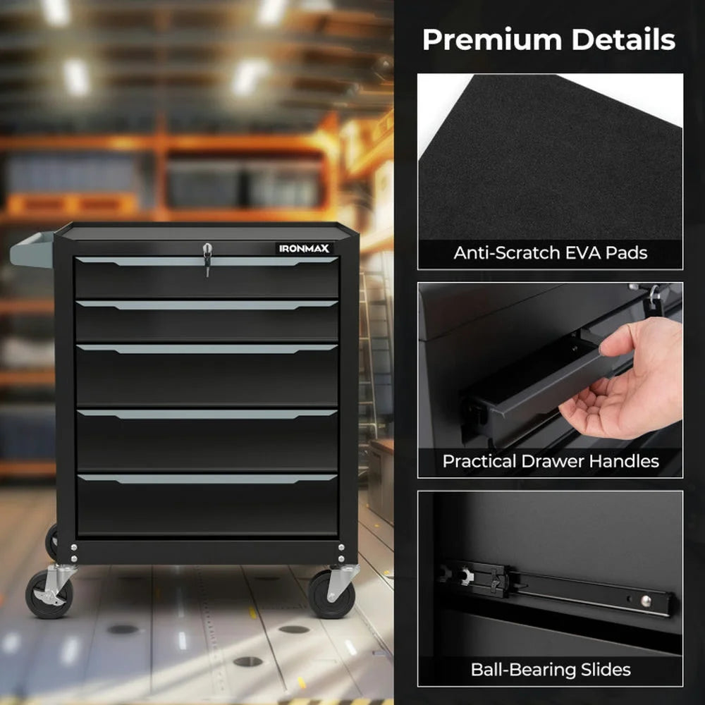 Spaco 5-Drawer Tool Storage Cabinet with Hanging Holes and Central Keyed Locking System-Black, Tool Chest for Garage, Home and Workbench