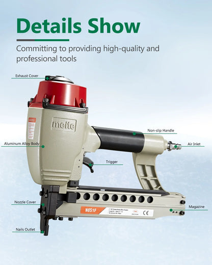 meite N851F Pneumatic Staple Gun 16 Gauge 7/16" Crown Sequential Nailing, Uses 16 GA 7/16-Inch Staples (1-Inch to 2-Inch)