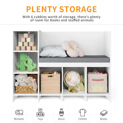 Homfa 6 Cube Kids Bookshelf with Reading Nook, Storage Organizer with Seat Cushion for Children's Room, White