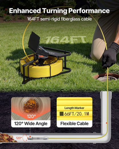 VEVOR Sewer Camera, 164 ft/50m, 4.3" Drain Inspection Camera, IP68 Waterproof Snake Plumbing Camera with Lights - 6 Adjustable LEDs, 4500mAh Battery & 16GB Card for Sewer Line Duct Pipes