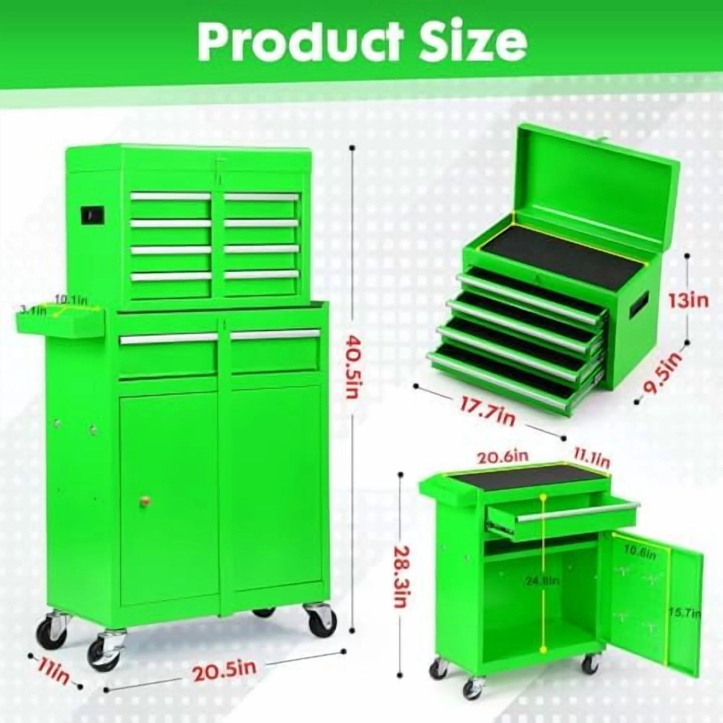 5-Drawer Rolling Tool Chest - 2-in-1 Lockable Tool Box with Wheels, Sliding Drawers & Detachable Top - Garage & Workshop Storage Cabinet, Green
