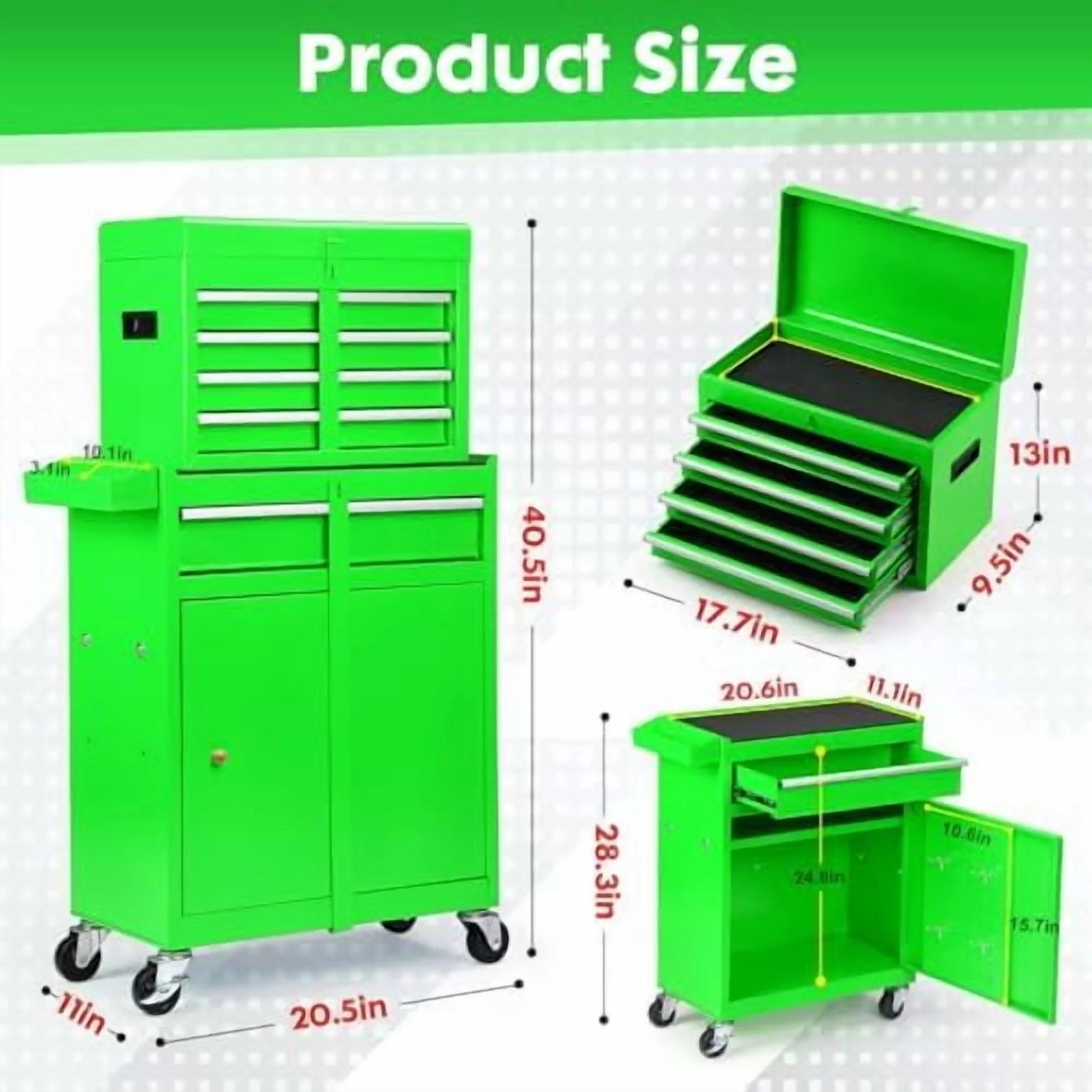 5-Drawer Rolling Tool Chest - 2-in-1 Lockable Tool Box with Wheels, Sliding Drawers & Detachable Top - Garage & Workshop Storage Cabinet, Green