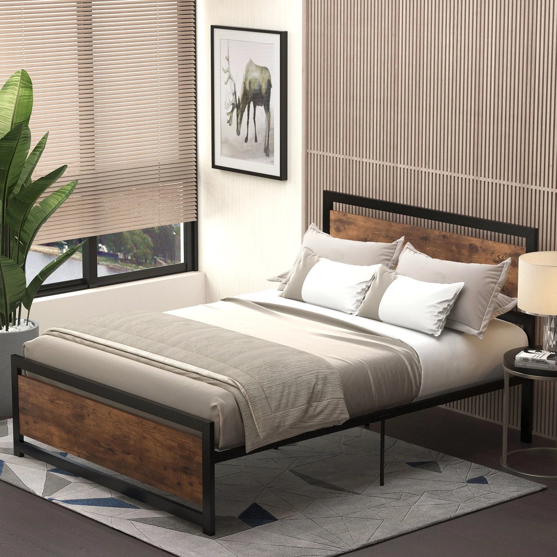 HomCom Full Platform Bed with Headboard & Footboard, Strong Metal Slat Support Bed Frame with Underbed Storage Space, No Box Spring Needed, 56.75" x 76.75" x 40.5"