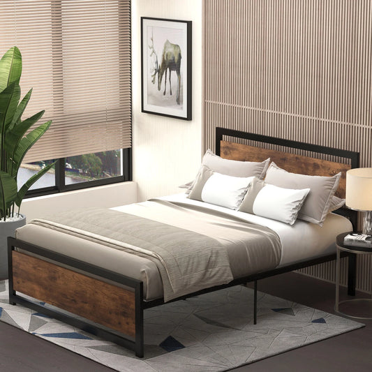 HomCom Full Platform Bed with Headboard & Footboard, Strong Metal Slat Support Bed Frame with Underbed Storage Space, No Box Spring Needed, 56.75" x 76.75" x 40.5"
