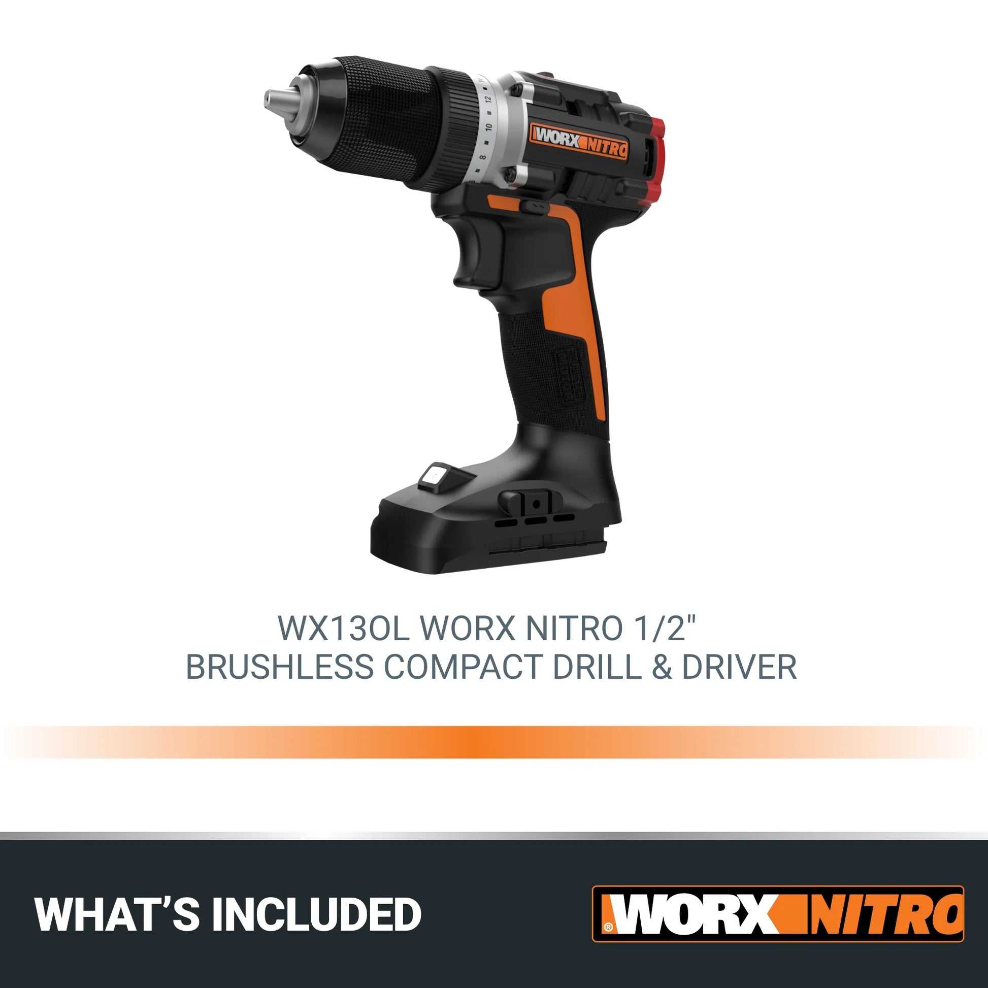 Worx Nitro WX130L.9 20V Compact Brushless 1/2? Drill/Driver (No Battery and Charger Included - Tool Only)
