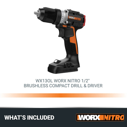 Worx Nitro WX130L.9 20V Compact Brushless 1/2? Drill/Driver (No Battery and Charger Included - Tool Only)