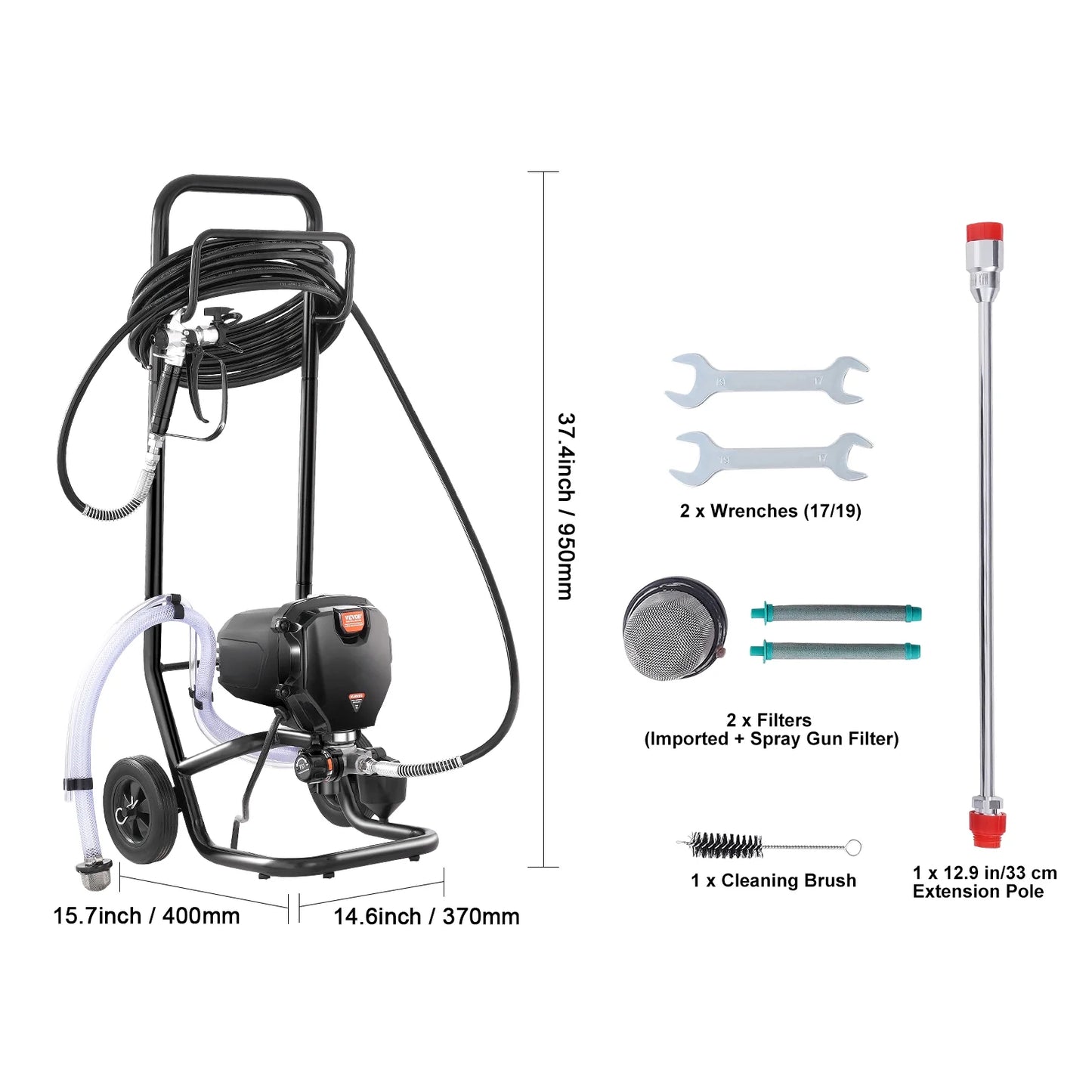 VEVOR 750W Stand Airless Paint Sprayer, 3000PSI High Efficiency Electric Airless Sprayer With Cart, Paint Sprayers for Home Interior and Exterior Furniture and Fences, Fine And Even Painting Effect