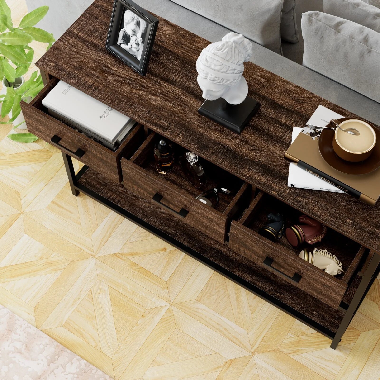 Homfa Console Table with Drawers, 43.3'' Hallway Entryway Table with 3 Tier Storage, Sofa Table for Living Room, Espresso