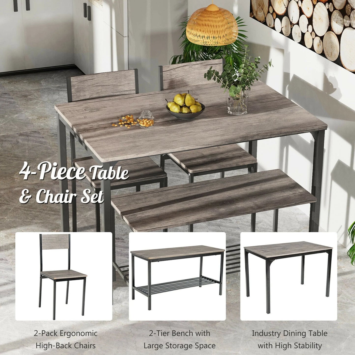 Gymax 4pcs Dining Table Set Rustic Desk 2 Chairs & Bench w/Storage Rack Grey