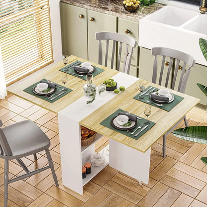 Folding Dining Table with 2 Storage Racks, Multifunction Expandable Table with 6 Wheels,Drop Leaf Table for Kitchen Bedroom Living Room, White