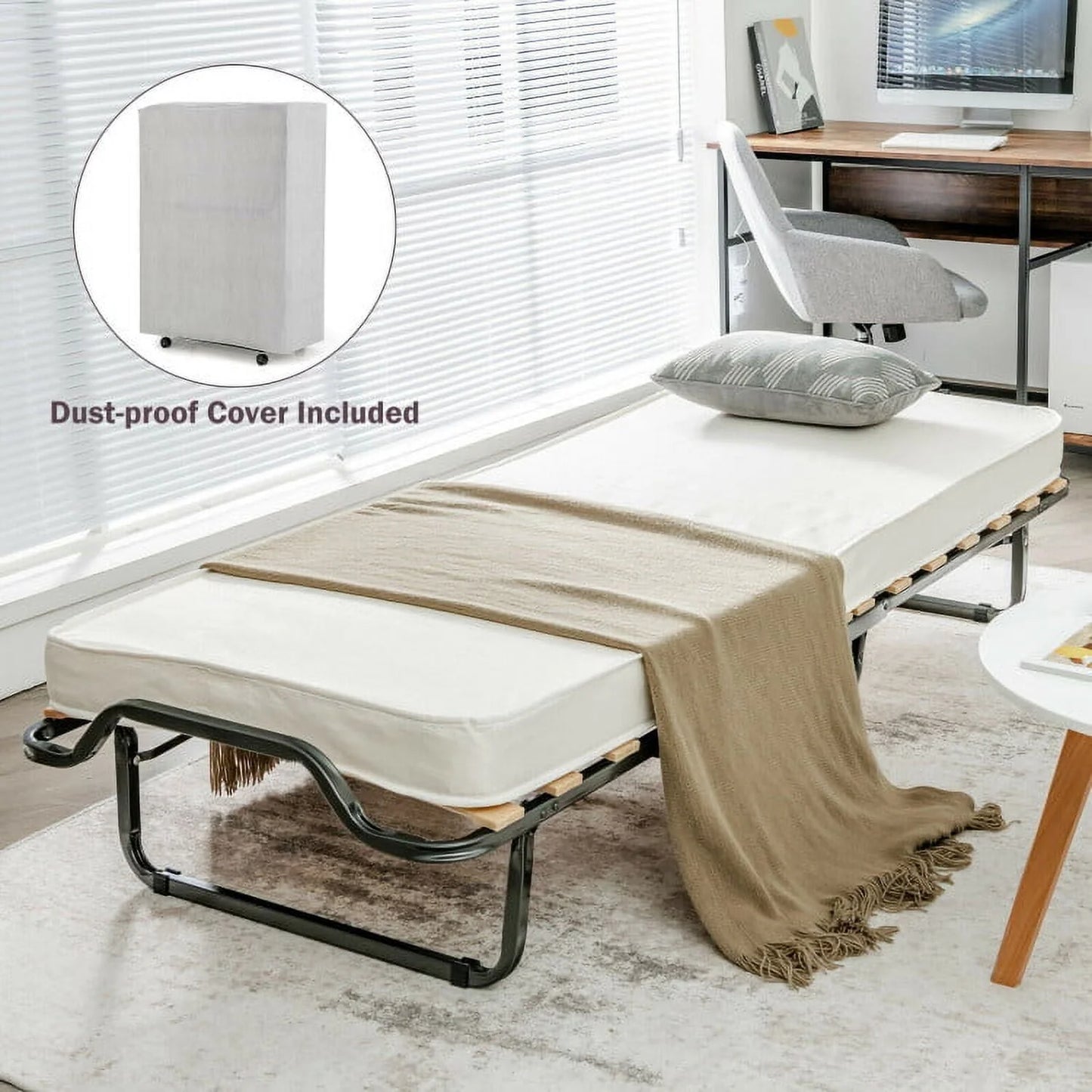 Folding Rollaway Bed, Metal Frame Bed Storage Cover Included, Portable Foldable Guest Bed for Adults, Cot Size Fold up Bed with Memory Foam Mattress on Wheels 76.5" x 31.5" x 16"