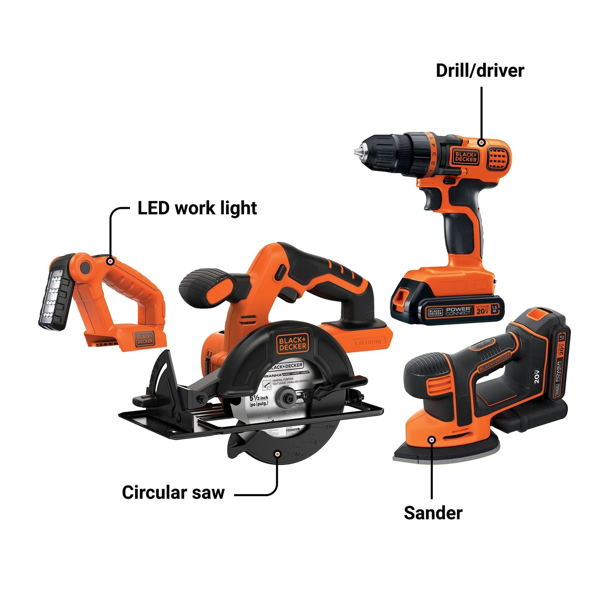 BLACK+DECKER 20V Cordless Tool Set, 1.5 Ah, 4 Piece, Battery and Charger Included