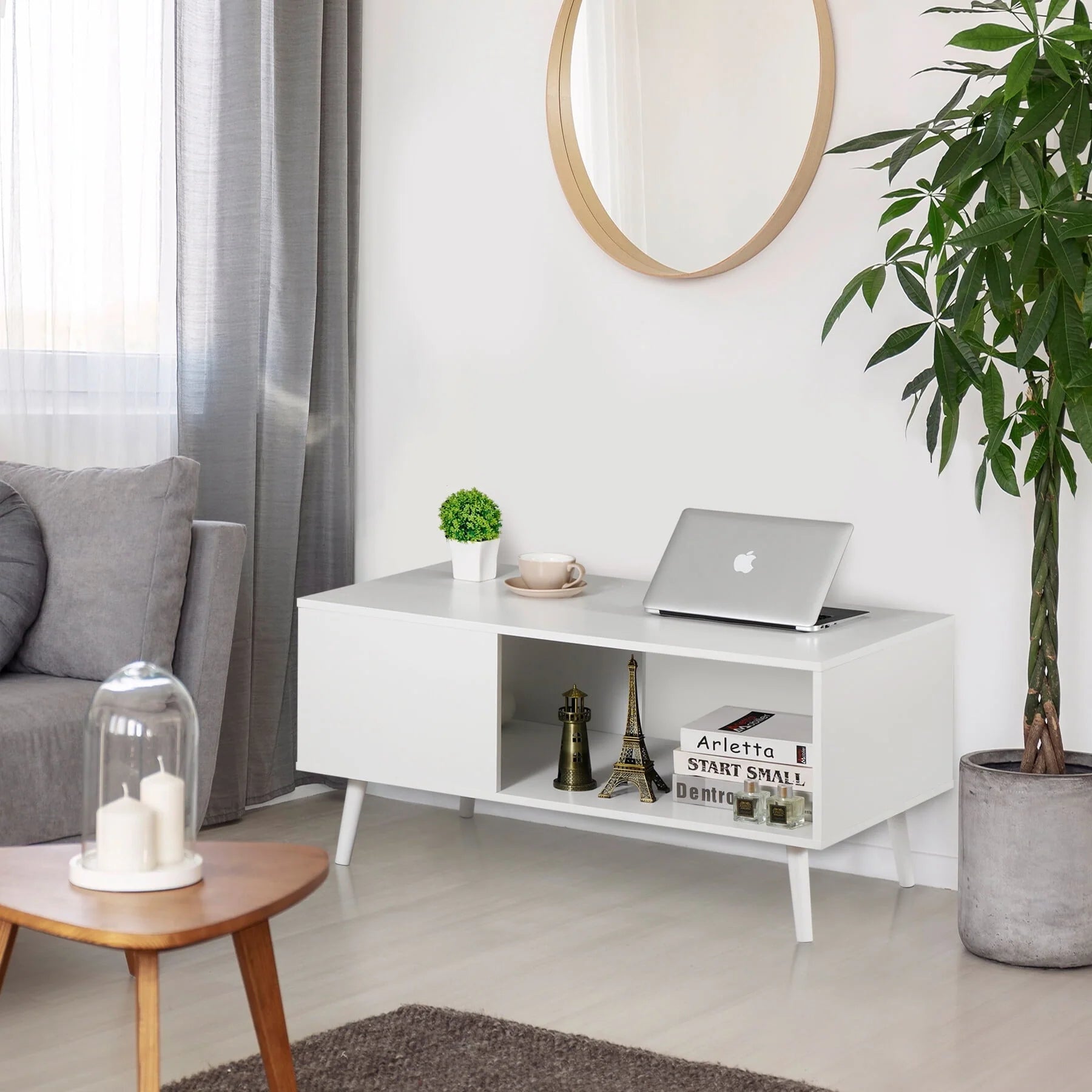 ZENSTYLE Durable MDF Coffee Table with Open Storage Shelf for Living Room Modern Furniture White