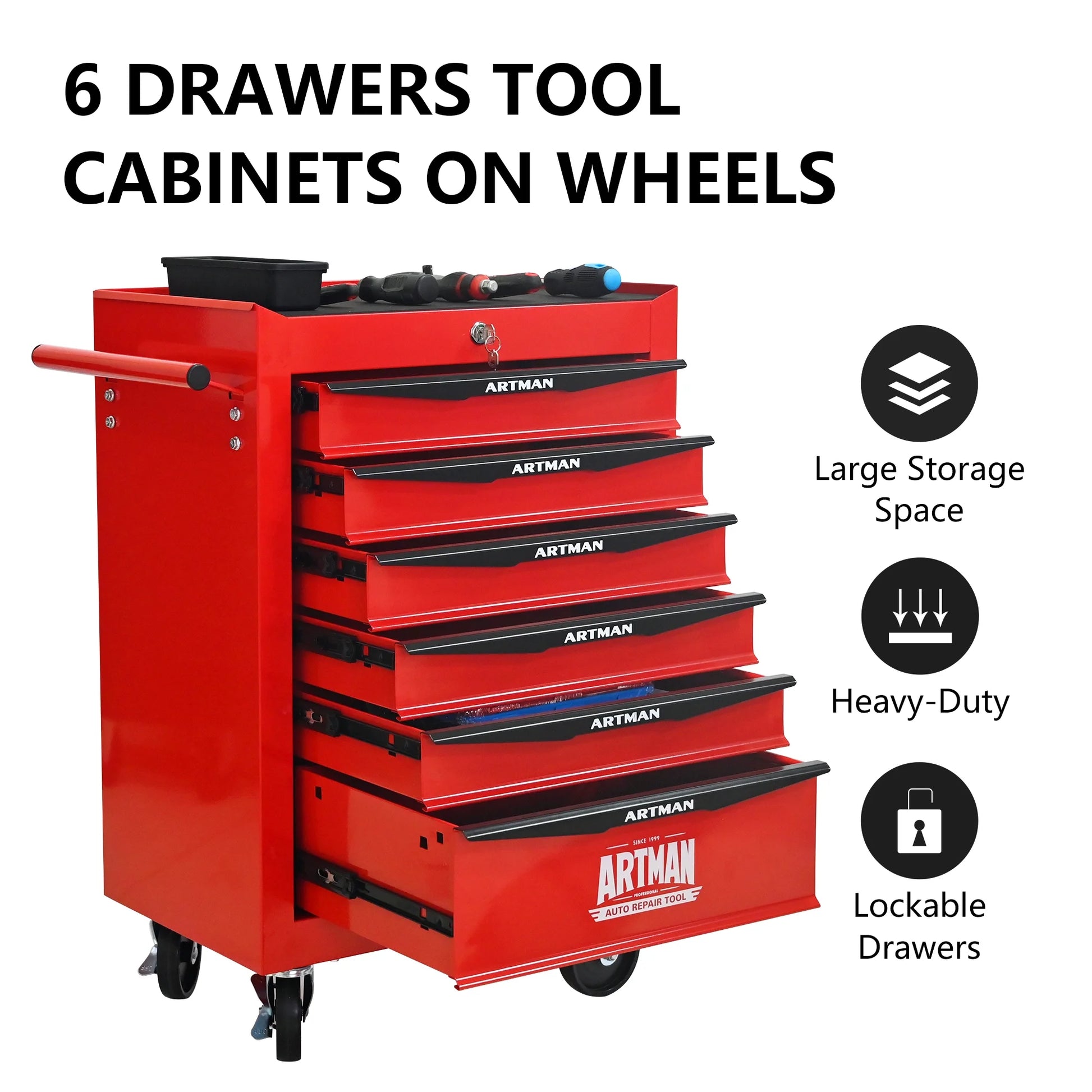 NIGSQJB 30.5"H Rolling Tool Chest Cart with 6 Drawers, 7 Small Tool Boxes Organizers, Lockable Tool Cabinet Storage with Wheels for Garage, Warehouse,Workshop, Repair Shop, DIY, Red