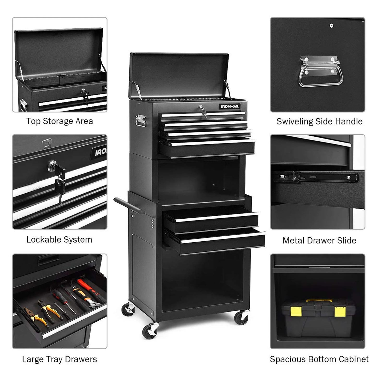 Aukfa Tool Box, 3 in 1 Steel Rolling Tool Chest w/6-Drawers & 2 Cabinet for Garage Workshop, Black