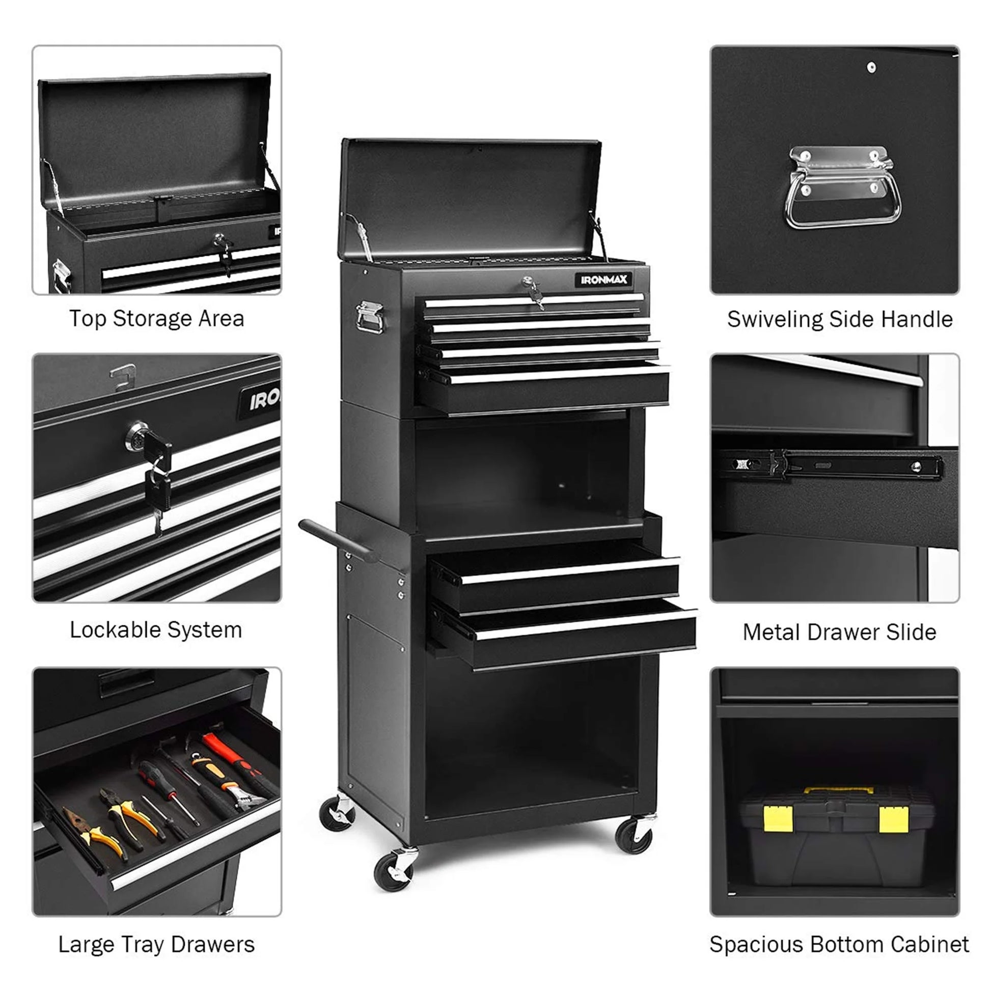 Aukfa Tool Box, 3 in 1 Steel Rolling Tool Chest w/6-Drawers & 2 Cabinet for Garage Workshop, Black