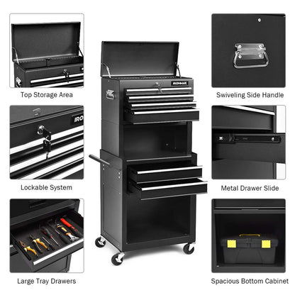 Aukfa Tool Box, 3 in 1 Steel Rolling Tool Chest w/6-Drawers & 2 Cabinet for Garage Workshop, Black