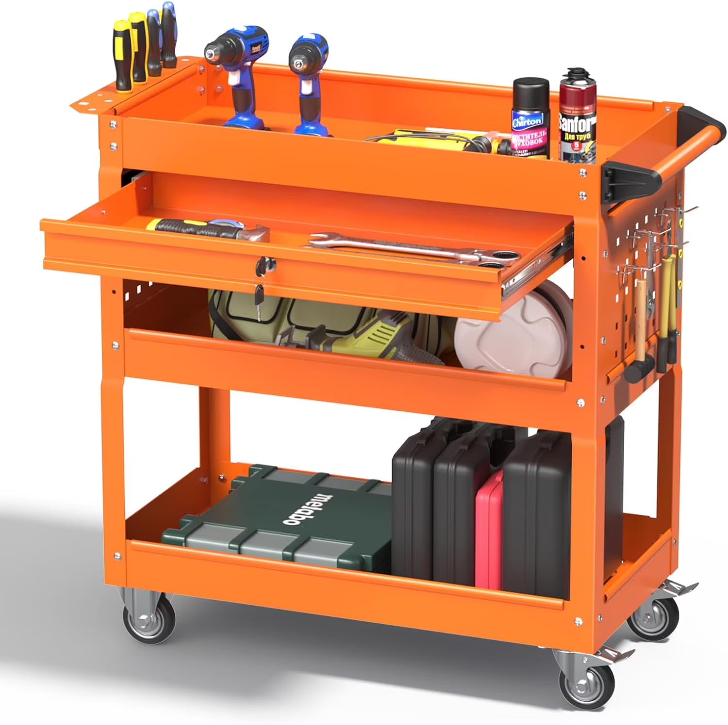 Odaof 3 Tier Rolling Tool Cart,Tool Chest and Tool Organizer with Wheels and Drawer,330 lbs Capacity Utility Cart for Garage Warehouse(Red)