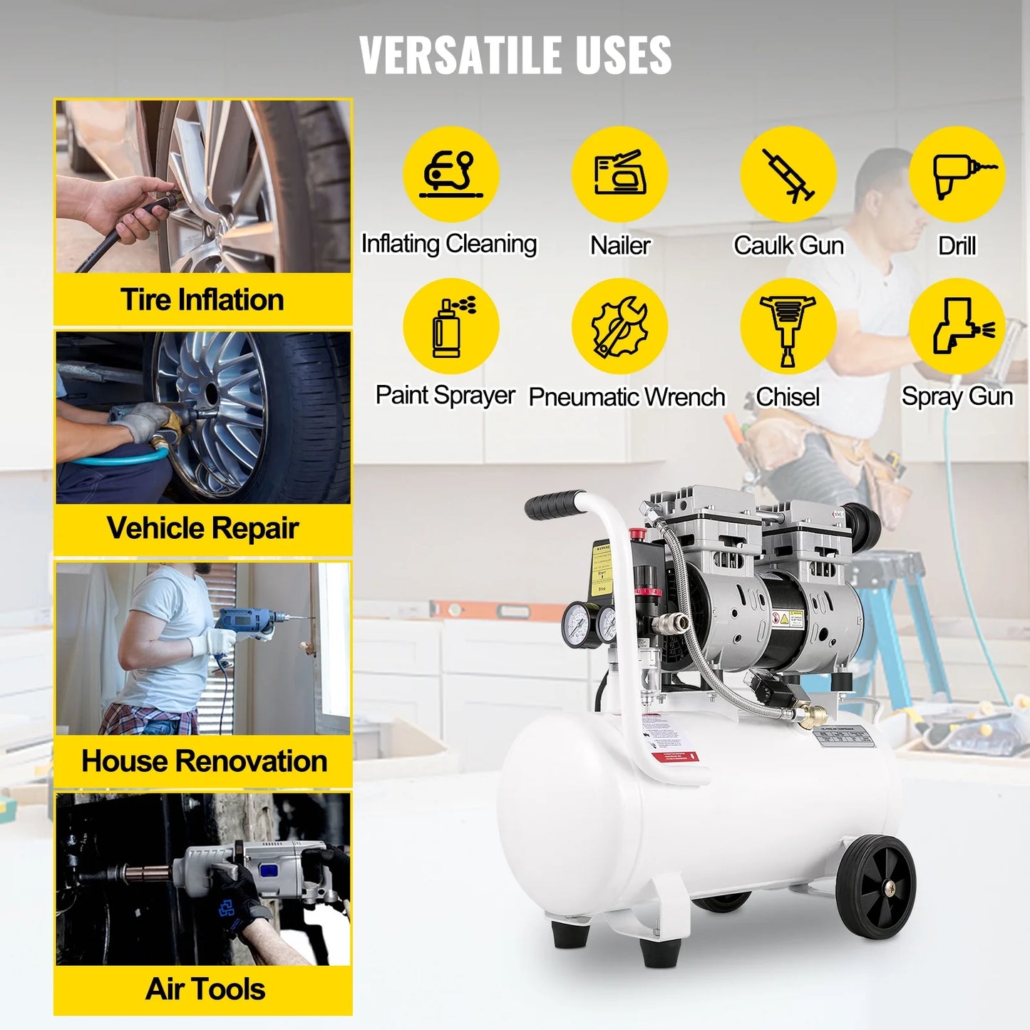 KFFKFF 6.6 Gallon Air Compressor, 1 HP Mobile Air Compressor, 750W Oil-Free Steel Tank, 115 PSI Pancake Air Compressor, Exceptionally Quiet for Household Fixes and Tire Pumping