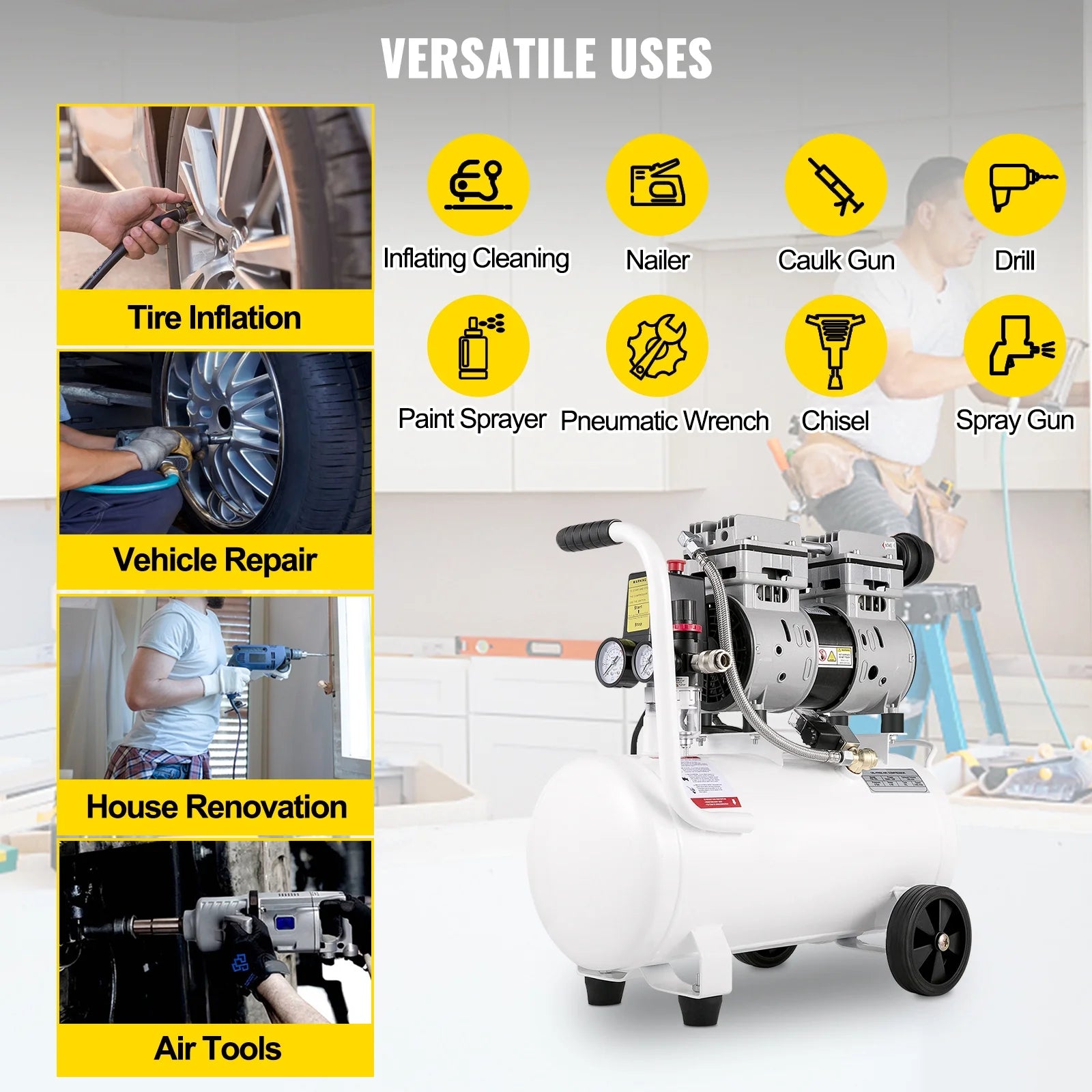 KFFKFF 6.6 Gallon Air Compressor, 1 HP Mobile Air Compressor, 750W Oil-Free Steel Tank, 115 PSI Pancake Air Compressor, Exceptionally Quiet for Household Fixes and Tire Pumping