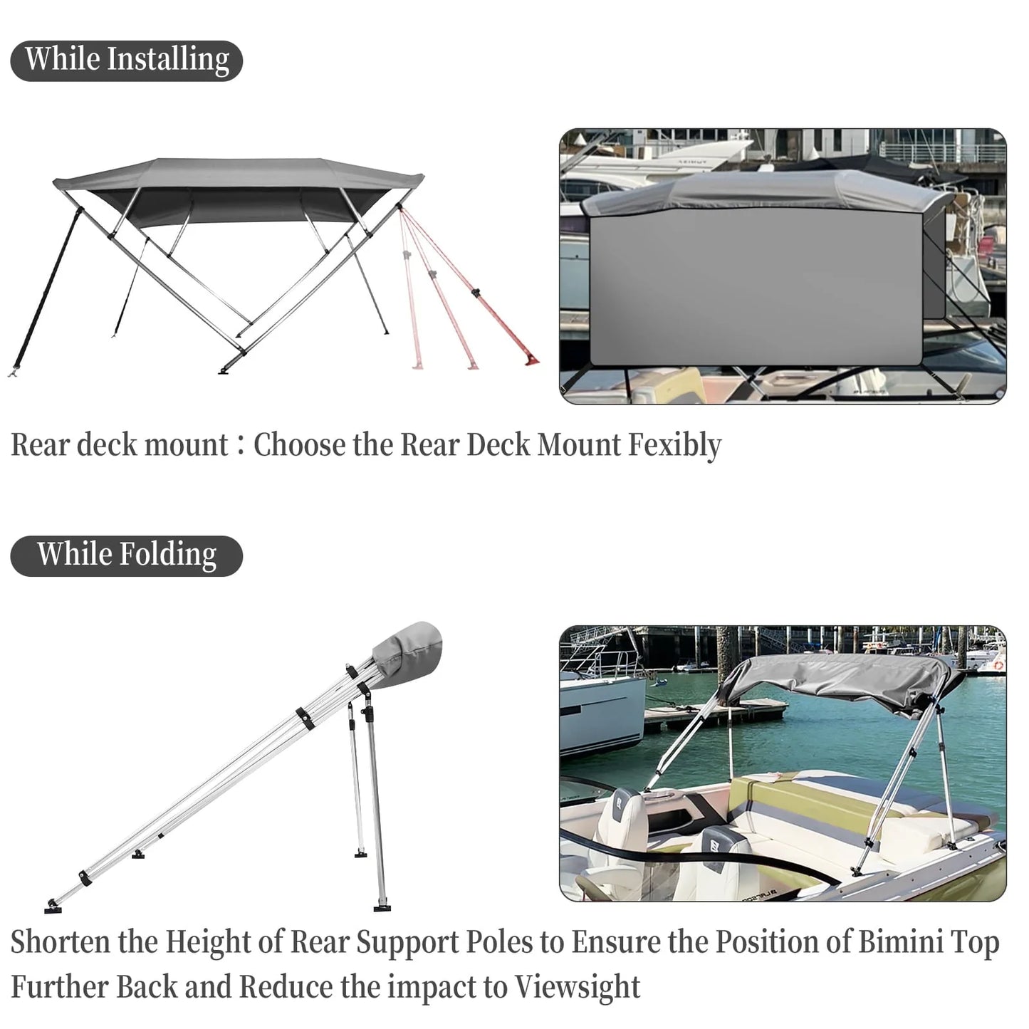 4 Bow Top Boat Cover with Aluminum Alloy Frame, Include Straps & Adjustable Rear Support Pole, Zippered Storage Boot, PU Coating Canvas Gray 8'L x 54" H x 73"-78" W