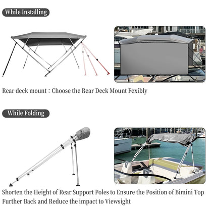 4 Bow Top Boat Cover with Aluminum Alloy Frame, Include Straps & Adjustable Rear Support Pole, Zippered Storage Boot, PU Coating Canvas Gray 8'L x 54" H x 73"-78" W