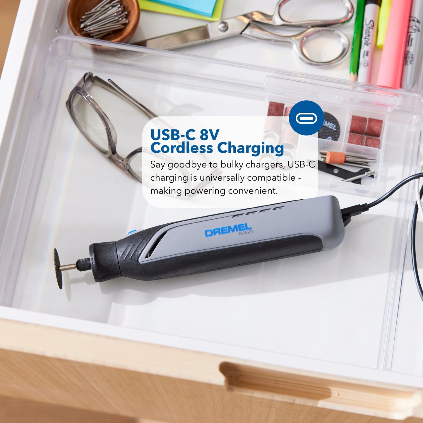 Dremel 8150-N/20 8V-Cordless Variable Speed Rotary Tool, Integrated 2Ah Battery, LED Nose Cap Light, 20 Accessories