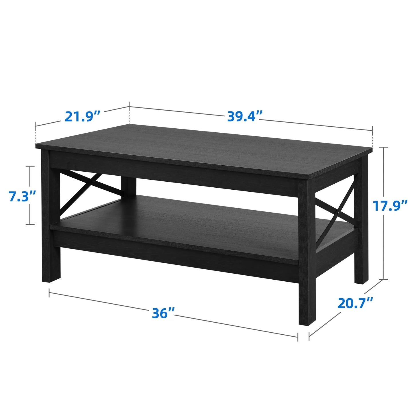 Dextrus Farmhouse Coffee Table with Open Storage Shelf, 2-Tier Thicken Wood Accent Cocktail Center Ends Table for Living Room Home Office, Black