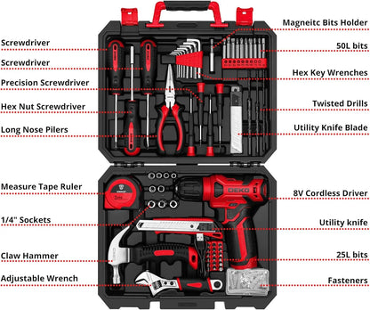 DEKOPRO Drill Set: Tool Set with 8V Red Cordless Drill, Home Tool Kit with Drill, Hand Tool Kits for Women 126 Piece