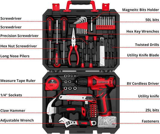 DEKOPRO Drill Set: Tool Set with 8V Red Cordless Drill, Home Tool Kit with Drill, Hand Tool Kits for Women 126 Piece