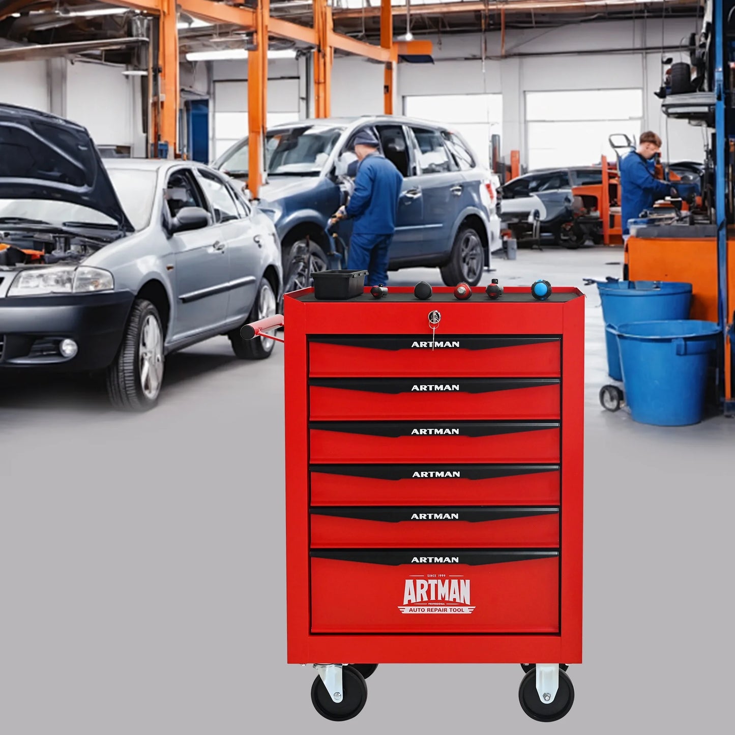 NIGSQJB 30.5"H Rolling Tool Chest Cart with 6 Drawers, 7 Small Tool Boxes Organizers, Lockable Tool Cabinet Storage with Wheels for Garage, Warehouse,Workshop, Repair Shop, DIY, Red
