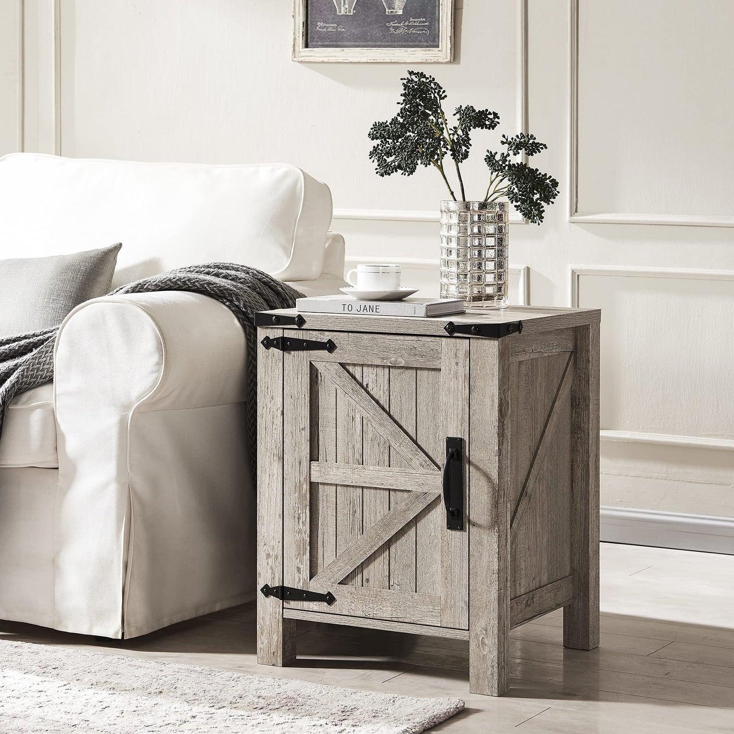 OKD Farmhouse Large Storage Square End Side Tables Wood with Barn Door and Charging Station, Light Rustic Oak
