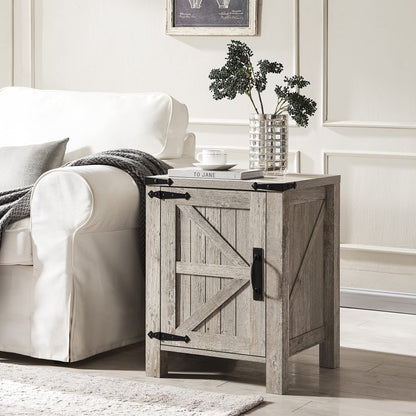 OKD Farmhouse Large Storage Square End Side Tables Wood with Barn Door and Charging Station, Light Rustic Oak