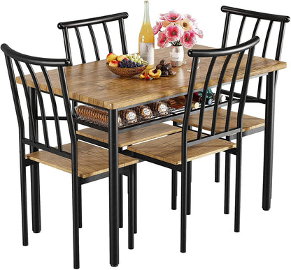Katidap Dining Table Set for 4 Metal and Wood Indoor Modern Rectangular 5-Piece Dining Table Furniture Set with Storage Rack for Dining Room, Kitchen, Dinette(Rustic Brown)